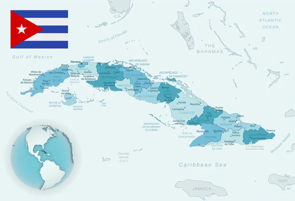 Carte Détaillée Bleu Vert Des Divisions Administratives Cuba Avec Drapeau — Image vectorielle