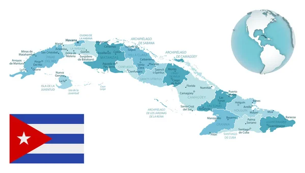 Cuba Mapa Administrativo Azul Verde Con Bandera Del País Ubicación — Vector de stock