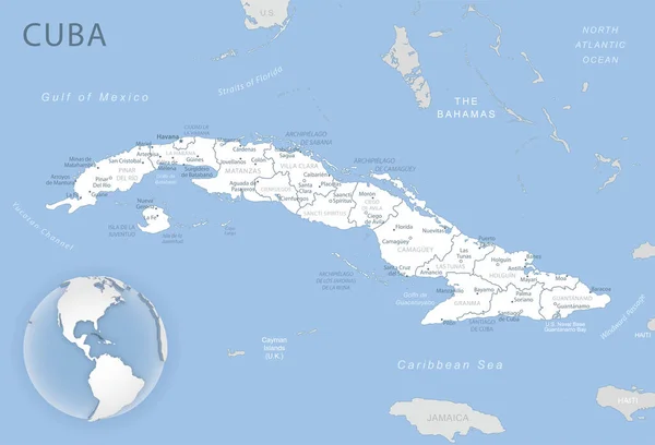 Сине Желтая Подробная Карта Административного Деления Кубы Расположения Земном Шаре — стоковый вектор
