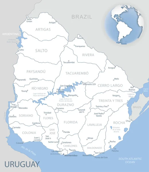 Mapa Detallado Azul Gris Las Divisiones Administrativas Uruguay Ubicación Mundo — Vector de stock
