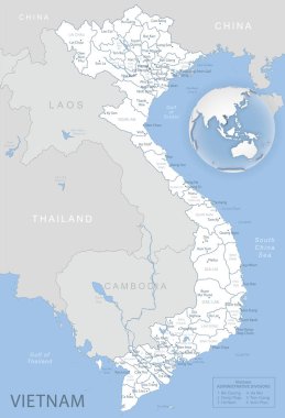 Vietnam 'ın dünya üzerindeki idari bölümlerinin ve konumlarının mavi-gri detaylı haritası.
