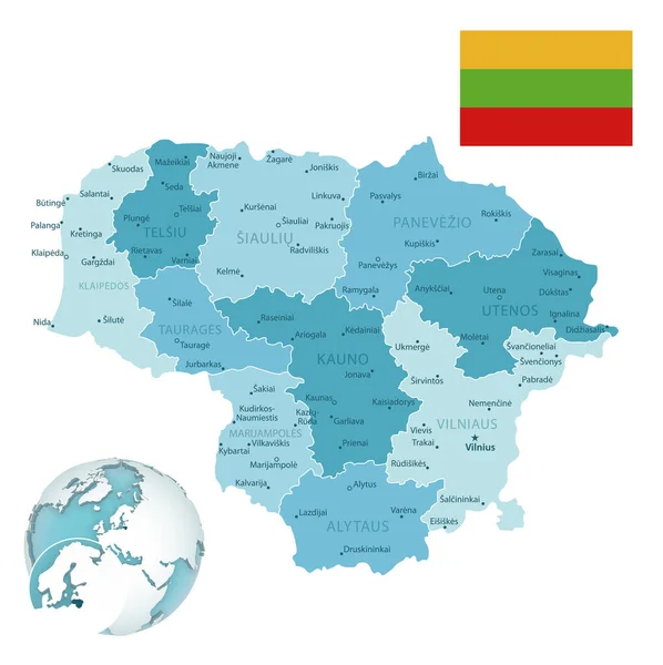Административная сине-зелёная карта Литвы с флагом страны и расположением на земном шаре. — стоковый вектор