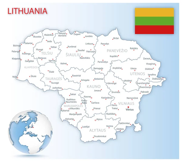 青い地球上の国旗と場所を持つ詳細なリトアニア行政地図. — ストックベクタ