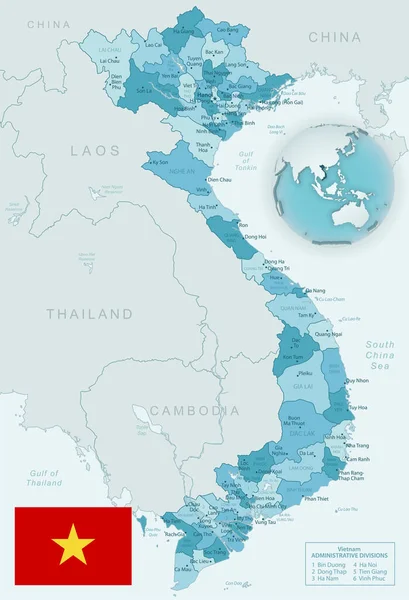 Mavi-yeşil Vietnam idari birimlerinin detaylı haritası. Ülke bayrağı ve dünya üzerindeki konumu.. — Stok Vektör