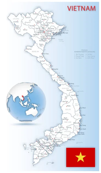 Szczegółowa mapa administracyjna Wietnamu z flagą kraju i lokalizacją na niebieskim globusie. — Wektor stockowy