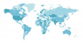 Világtérkép. Rendkívül részletes térkép a világ részletes határait az összes ország kék színekben.