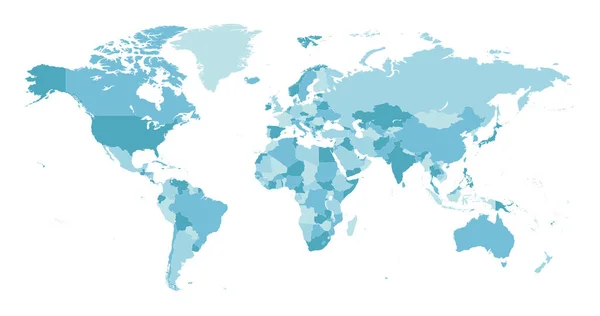 Carte du monde. Carte du monde très détaillée avec les frontières détaillées de tous les pays en couleurs bleues. — Image vectorielle