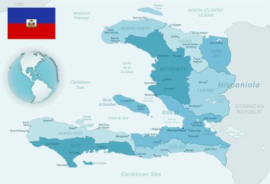 Haiti idari bölümlerinin mavi-yeşil haritası. Ülke bayrağı ve dünya üzerindeki konumu..