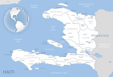 Haiti idari bölümlerinin mavi-gri detaylı haritası ve dünya üzerindeki konumu.