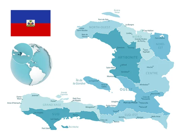 Haití mapa administrativo azul-verde con bandera del país y ubicación en un globo terráqueo. — Vector de stock