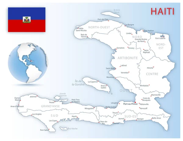 Mappa amministrativa dettagliata di Haiti con bandiera nazionale e posizione su un globo blu. — Vettoriale Stock