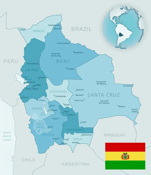 ボリビア行政区画の青緑色の詳細な地図で 国旗と世界中の場所が記されている ベクターイラスト — ストックベクタ