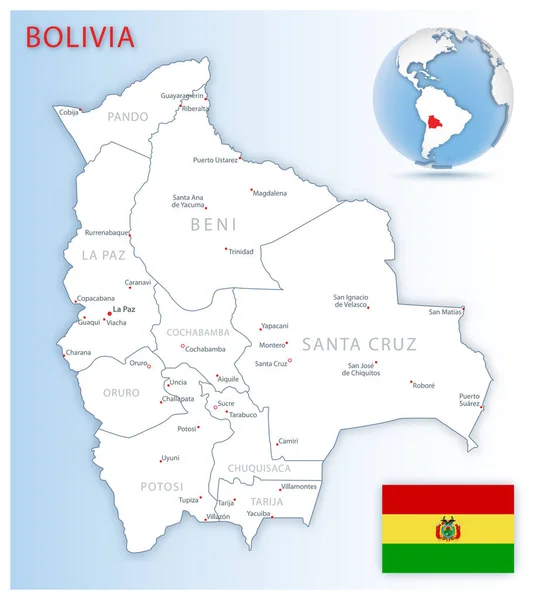 青い地球上の国旗と場所を持つ詳細なボリビア行政地図 ベクターイラスト — ストックベクタ