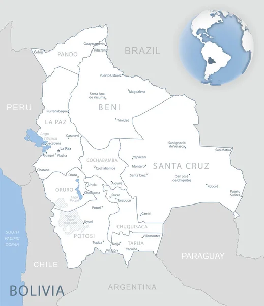 Blaugraue Detailkarte Von Boliviens Verwaltungseinheiten Und Lage Auf Dem Globus — Stockvektor