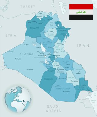 Irak idari birimlerinin mavi-yeşil detaylı haritası. Ülke bayrağı ve dünya üzerindeki konumu. Vektör illüstrasyonu