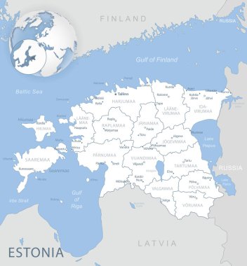 Estonya idari bölümlerinin mavi-gri detaylı haritası ve dünya üzerindeki konumu. Vektör illüstrasyonu