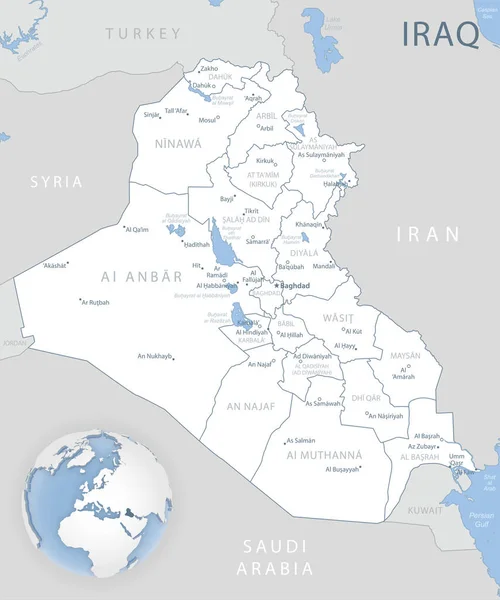 Blue Gray Mapa Detallado Las Divisiones Administrativas Irak Ubicación Mundo — Vector de stock
