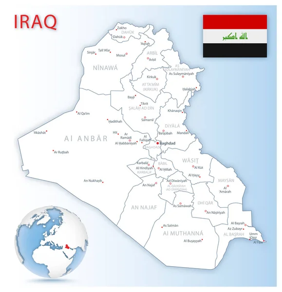 Mapa Administrativo Detallado Irak Con Bandera Del País Ubicación Globo — Vector de stock
