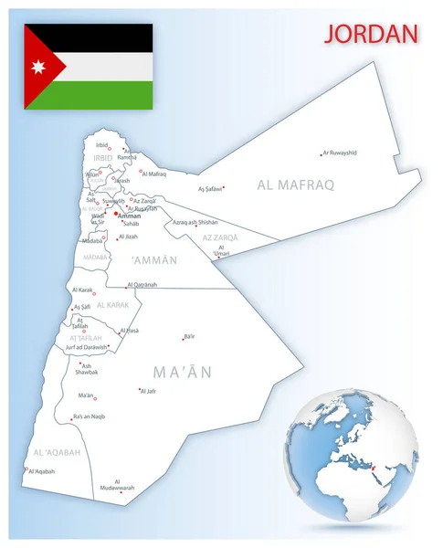 Mapa Administrativo Jordânia Detalhado Com Bandeira País Localização Globo Azul — Vetor de Stock