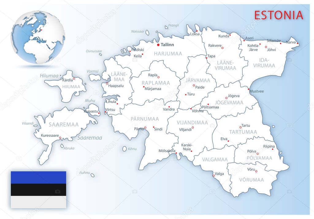 Detailed map of Estonia administrative divisions with country flag and location on the globe. Vector illustration