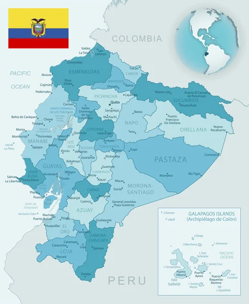 Mapa detallado de las divisiones administrativas de Ecuador con bandera del país y ubicación en el mundo. — Vector de stock