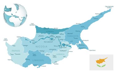 Kıbrıs Rum Yönetimi 'nin mavi-yeşil haritasında ülke bayrağı ve dünya üzerinde konumu var. Vektör illüstrasyonu