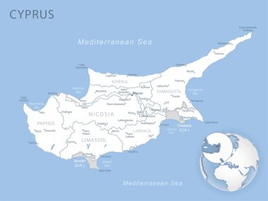 Kıbrıs 'ın idari bölümlerinin mavi-gri detaylı haritası ve dünya üzerindeki konumu. Vektör illüstrasyonu