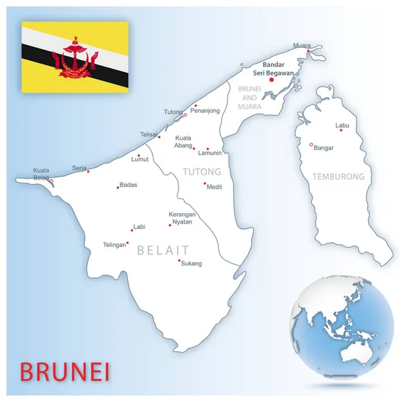 国の旗と青い地球上の場所を持つ詳細なブルネイ行政地図. — ストックベクタ