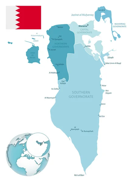 巴林行政区划蓝绿色地图，有国旗和全球位置. — 图库矢量图片