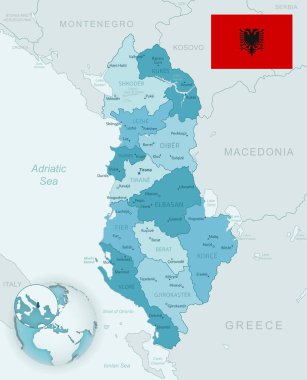 Arnavutluk 'un ülke bayrağı ve dünya üzerindeki konumuyla ilgili mavi-yeşil idari bölümlerinin ayrıntılı haritası. Vektör illüstrasyonu