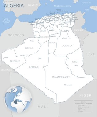 Cezayir idari birimlerinin mavi-gri detaylı haritası ve dünya üzerindeki konumu. Vektör illüstrasyonu