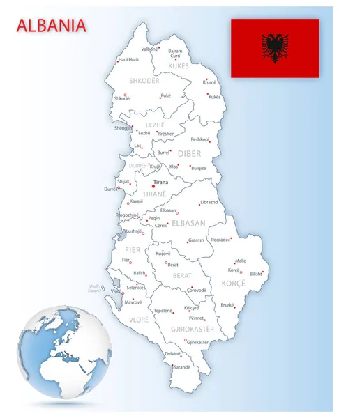 Mapa Administrativo Detallado Albania Con Bandera Del País Ubicación Globo — Vector de stock