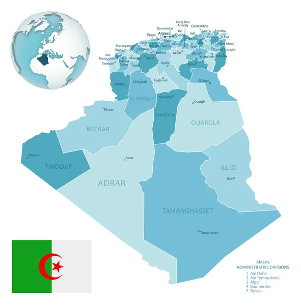Административная Сине Зелёная Карта Алжира Флагом Страны Расположением Земном Шаре — стоковый вектор