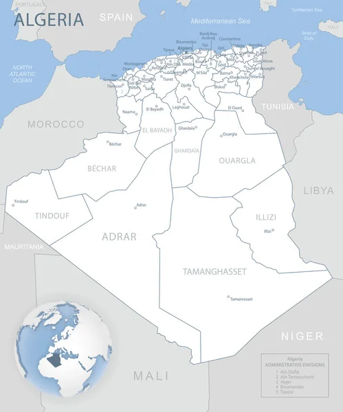 Blue Gray Mapa Detallado Las Divisiones Administrativas Argelia Ubicación Mundo — Archivo Imágenes Vectoriales