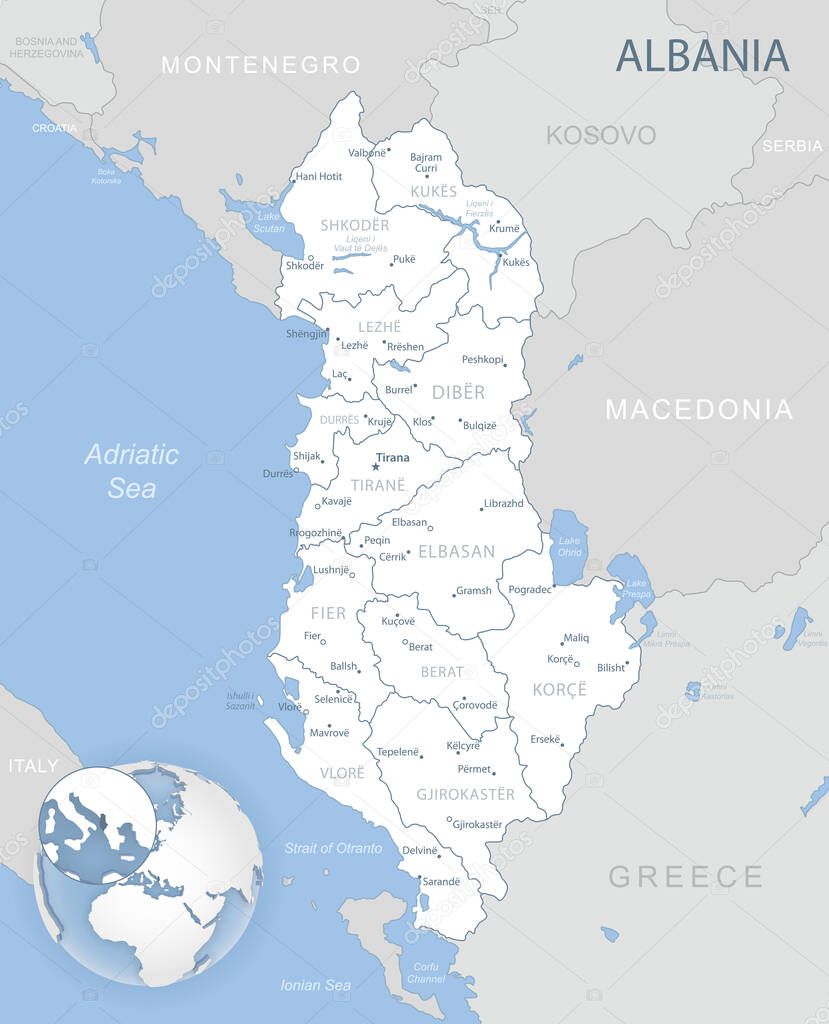 Blue-gray detailed map of Albania administrative divisions and location on the globe. Vector illustration