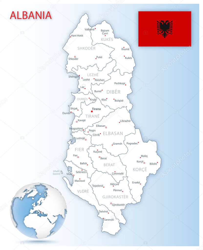 Detailed Albania administrative map with country flag and location on a blue globe. Vector illustration