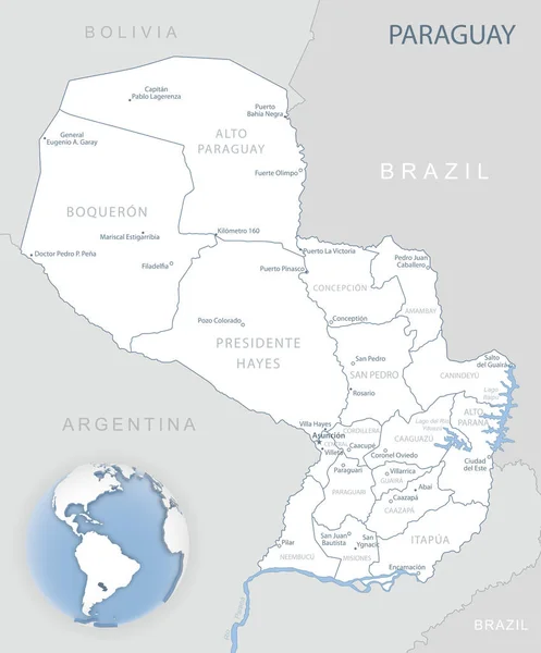 Mapa detallado azul-gris de Paraguay y divisiones administrativas y ubicación en el mundo. — Archivo Imágenes Vectoriales