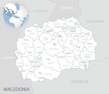 Makedonya 'nın idari bölümlerinin mavi-gri ayrıntılı haritası ve dünya üzerindeki konumu. Vektör illüstrasyonu