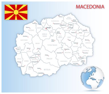 Mavi bir kürede ülke bayrağı ve konumu bulunan ayrıntılı Makedonya idari haritası. Vektör illüstrasyonu