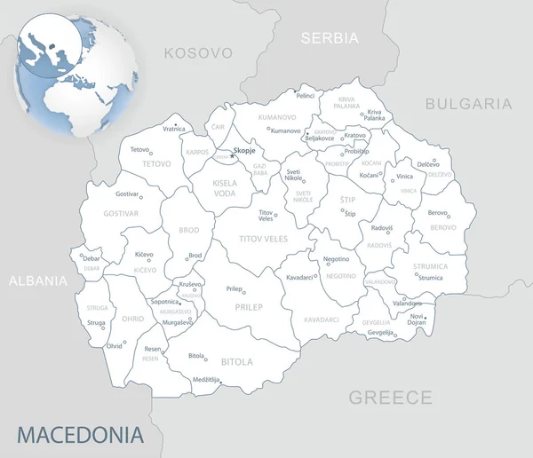 Niebiesko Szara Szczegółowa Mapa Podziałów Administracyjnych Lokalizacji Macedonii Świecie Ilustracja — Wektor stockowy