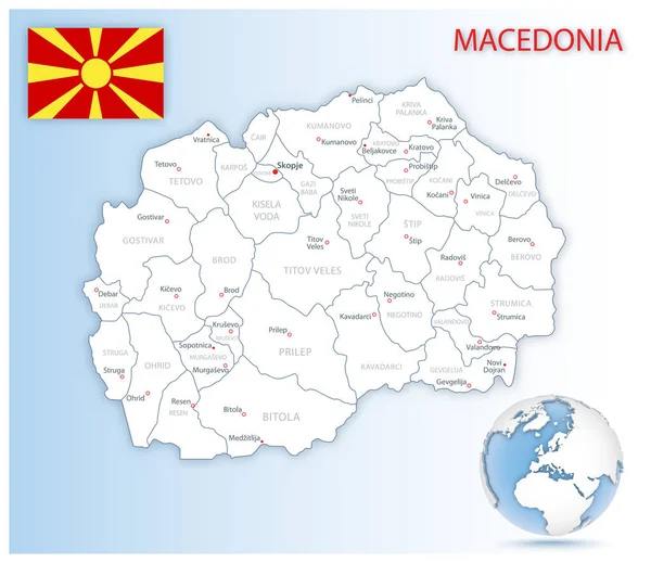 Докладна Адміністративна Карта Македонії Прапором Країни Розташуванням Синій Кулі Приклад — стоковий вектор