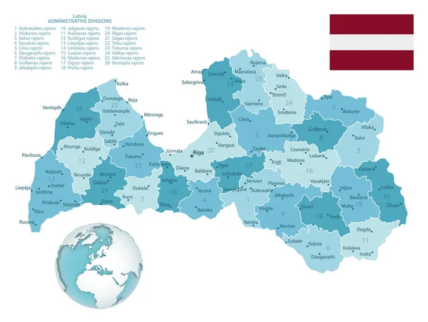 Letonia mapa administrativo azul-verde con bandera del país y ubicación en un globo terráqueo. — Vector de stock