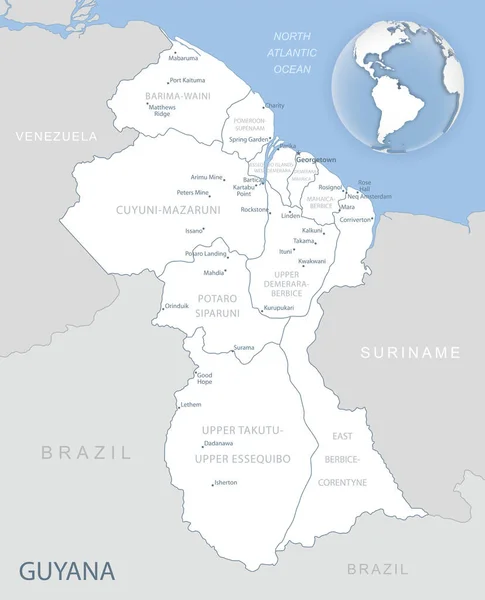 Mapa detallado azul-gris de las divisiones administrativas de Guyana y la ubicación en el mundo. — Vector de stock