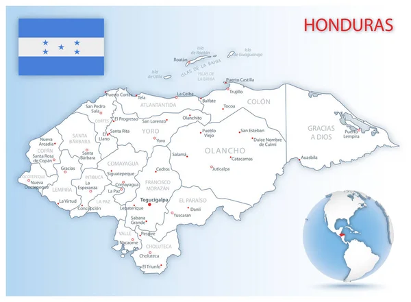 国の旗と青い地球上の場所を持つ詳細なホンジュラスの行政地図 ベクターイラスト — ストックベクタ
