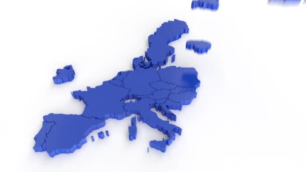 蓝色的地图和黄色的星星 由组成欧盟的国家所组成的象征 在白色的背景上从上到下地落下 阿尔法动画 — 图库视频影像
