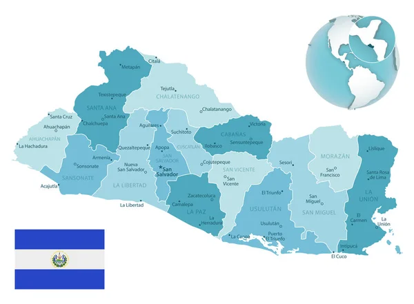 国の旗と地球上の場所を持つエルサルバドル行政青緑の地図 ベクターイラスト — ストックベクタ