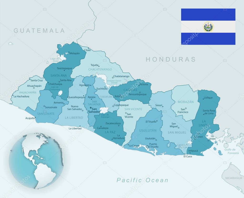 Blue-green detailed map of El Salvador administrative divisions with country flag and location on the globe. Vector illustration