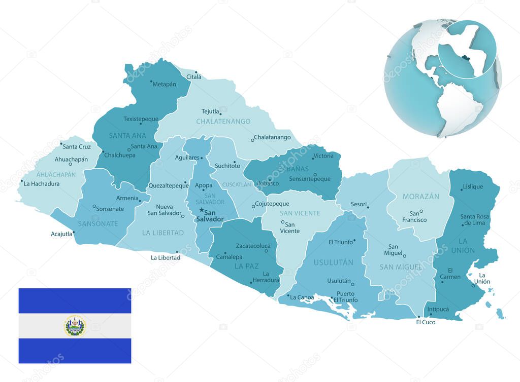 El Salvador administrative blue-green map with country flag and location on a globe. Vector illustration