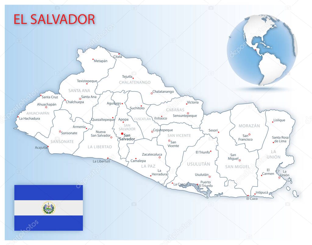 Detailed map of El Salvador administrative divisions with country flag and location on the globe. Vector illustration