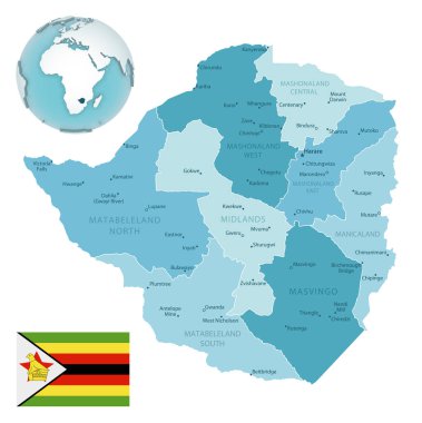 Zimbabwe idari mavi-yeşil harita üzerinde ülke bayrağı ve bir dünya üzerinde konumu. Vektör illüstrasyonu